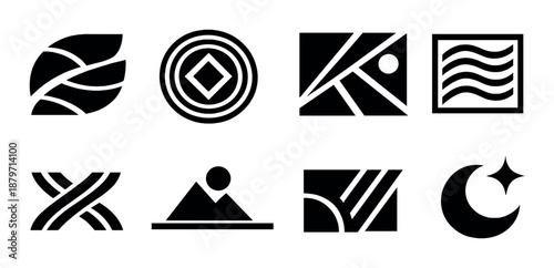 Minimalist geometric icons on gray background with nature and abstract themes