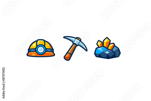 Mining icons: helmet, pickaxe, and ore