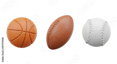 3D sports ball set: basketball, rugby ball, and baseball, isolated on transparent background