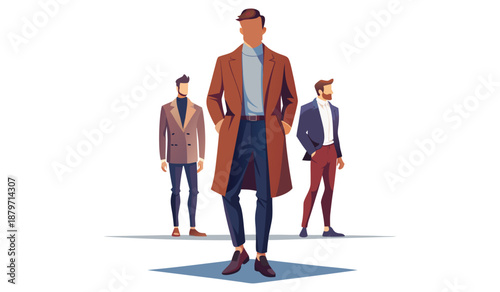 Diverse group of men in stylish business casual and formal attire standing together. Three diverse men posed together wearing stylish casual outfits. vector of a young man wearing an office suit.