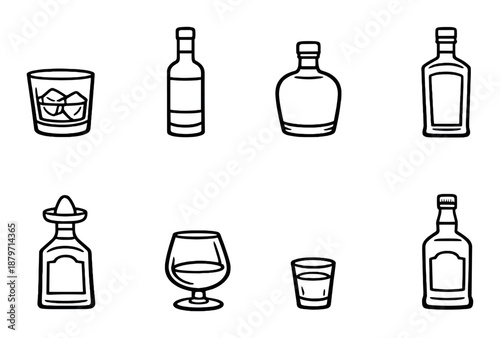 Line art icons of various alcoholic beverage containers on dark background