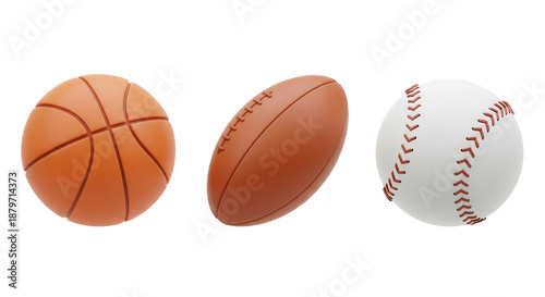 3D sports icon set: basketball, rugby ball, and baseball, isolated on transparent background