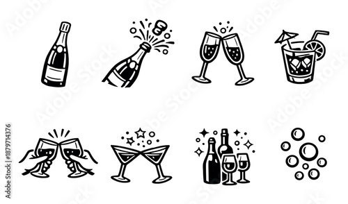 Celebratory drink icons: champagne, cocktails, and bubbles on black background