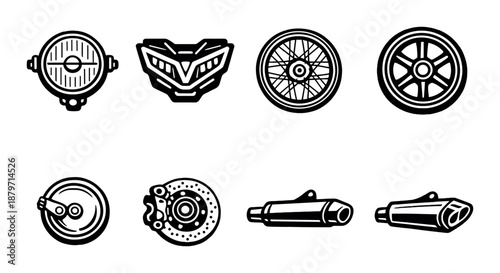 Monochrome motorcycle parts icons: headlight, wheel, brake, exhaust