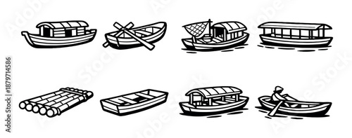 Hand-drawn boat icons on gray background featuring various traditional designs