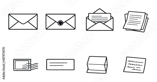 Set of envelope and letter icons on black background