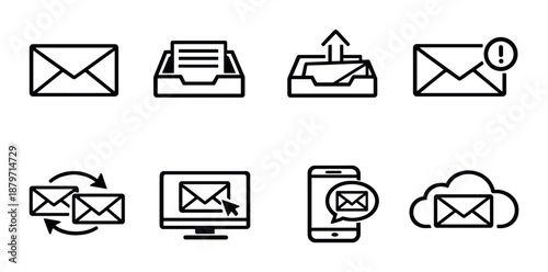 Email icons set: communication, inbox, cloud, mobile, alert symbols