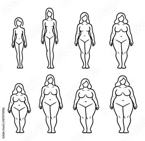 Diverse female body types silhouettes on gradient background