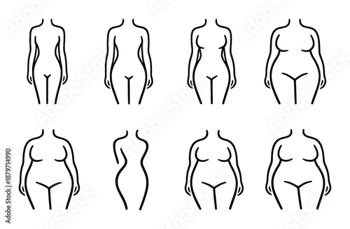 Outline illustration of diverse female body types on dark background