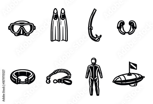 Diving equipment icons: mask, fins, snorkel, suit highlighted on dark background