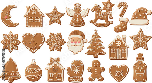 Vector illustration set of realistic Christmas gingerbread cookies featuring Santa angel rocking horse cottage houses and festive holiday treats