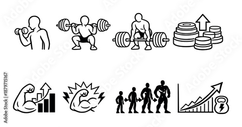 Fitness icons: weightlifting, bodybuilding, strength training symbols on dark background