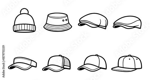 Illustrated collection of various hat styles on dark background