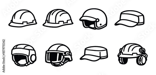 Assorted headgear icons: construction helmets, caps, and protective hats outlined on dark background