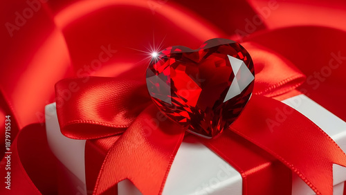 Red heart-shaped crystal on a white gift box with a red bow