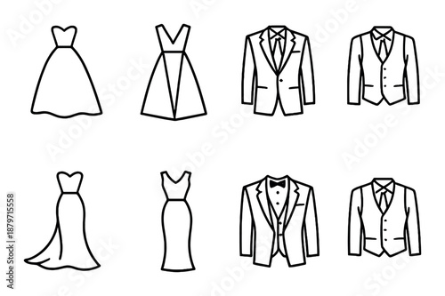 Elegant formal wear icons displaying gowns and suits in minimalist style