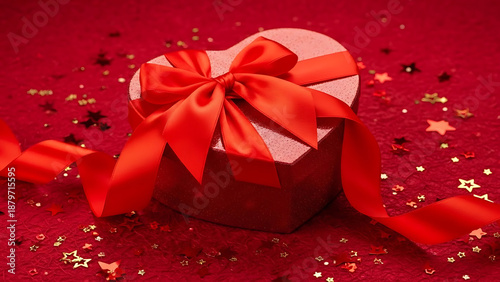 Red gift box with bow on sparkling background