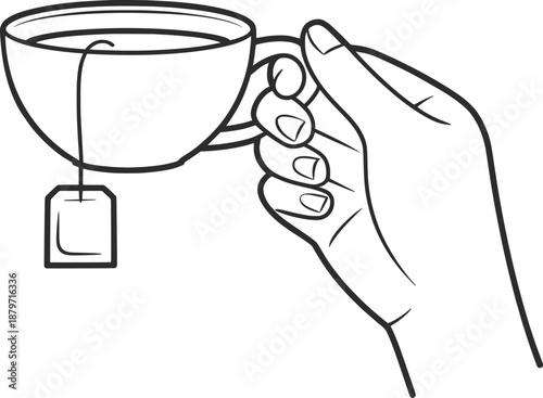 Hand Holding Tea Cup with Teabag Line Art Illustration.