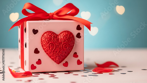 Heart-shaped gift box with red ribbon