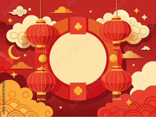 Chinese New Year Decorative Background with Red Lanterns and Auspicious Clouds