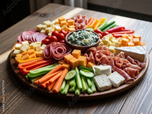 Vibrant charcuterie board with assorted meats and cheeses