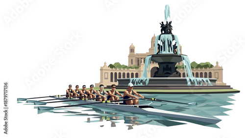 Rowing team practicing by a historic fountain in geometric art style