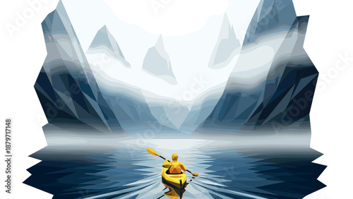 Geometric style kayaking adventure in misty mountain lake scene