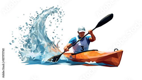 Polygonal kayaker paddling through dynamic splashing water