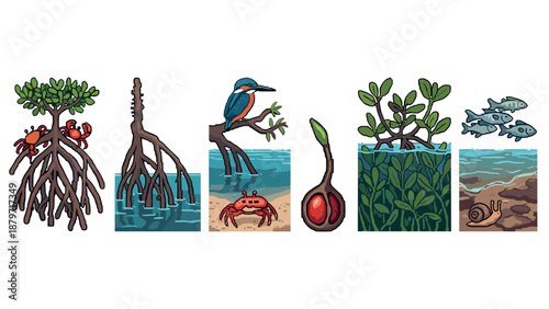 Pixel art mangrove ecosystem with wildlife and plants