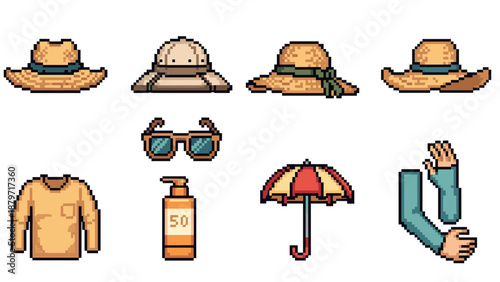 Retro pixel art summer essentials: hats, sunglasses, and more