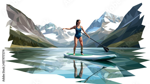 Woman paddleboarding on mountain lake in low poly style