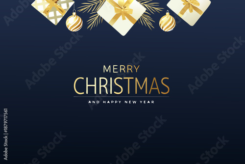 Golden gifts ornaments and a festive merry christmas background design