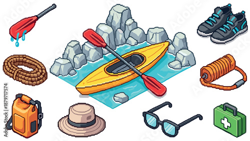 Pixel art adventure gear with kayak and hiking essentials
