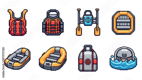 Pixel art watercraft and gear collection for adventure lovers