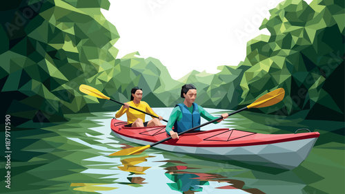 Low poly kayaking adventure on a serene river amidst lush greenery