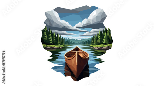 Geometric canoeing adventure on a forest lake with dramatic clouds