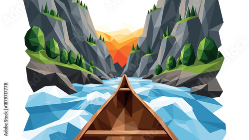 Geometric canoe adventure through river canyon at sunset