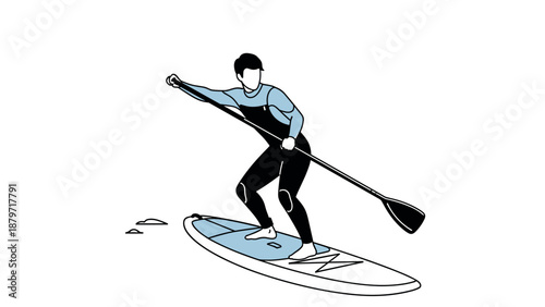 Paddle boarding adventure: monochrome minimalist design with dynamic pose