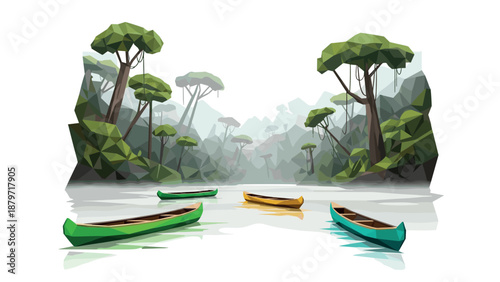 Geometric canoes in a low-poly jungle scene with trees and misty river