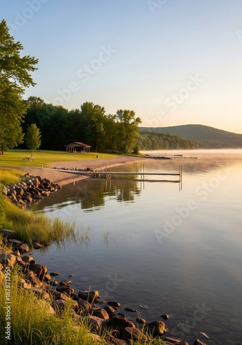 Fort Custer Morning — Portrait Framing of Dock, Forest Trails and Prairie Restoration