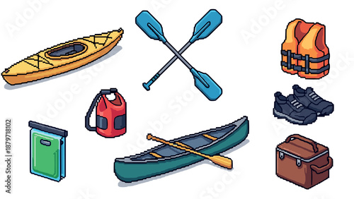 Pixel art outdoor adventure: kayaking and canoeing essentials
