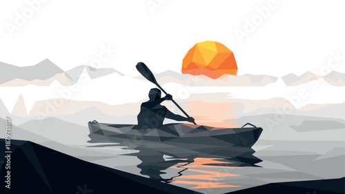 Geometric sunset canoeing scene with abstract waves and orange sun