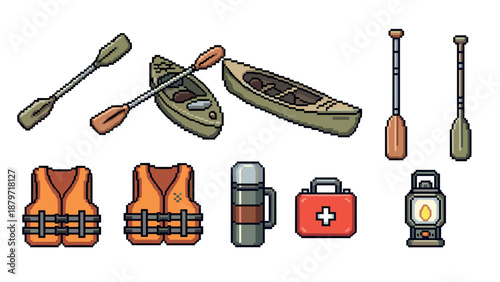 Retro pixel art canoeing essentials with kayak, paddle, and safety equipment
