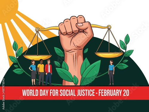World day for social justice illustration with scales and people