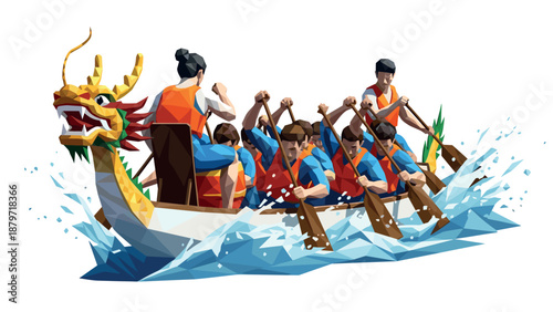Colorful low poly dragon boat race with team rowing through splashing water