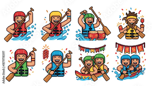 Pixel art dragon boat racing festival characters with vibrant colors and dynamic poses