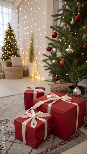 Elegant Christmas Holiday Background Featuring Red Gift Boxes White Ribbons. Fir Tree