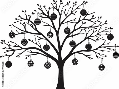 A decorative tree with hanging ornaments a simple black and white illustration