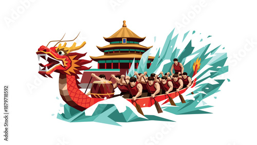 Dragon boat racing: dynamic expression of tradition and team spirit with bold colors and geometric design