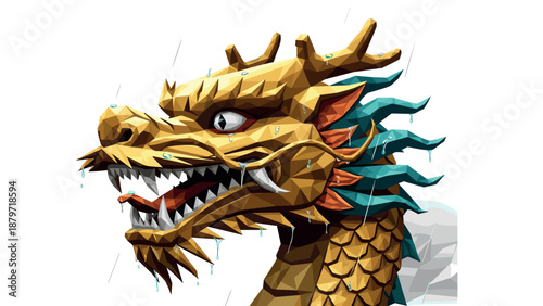 Low poly dragon head with raindrops and fierce expression